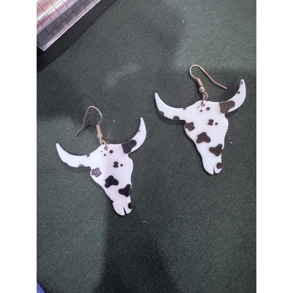 Western Cow Print Bull Skull Drop Earrings White Black Brown Acrylic Statement